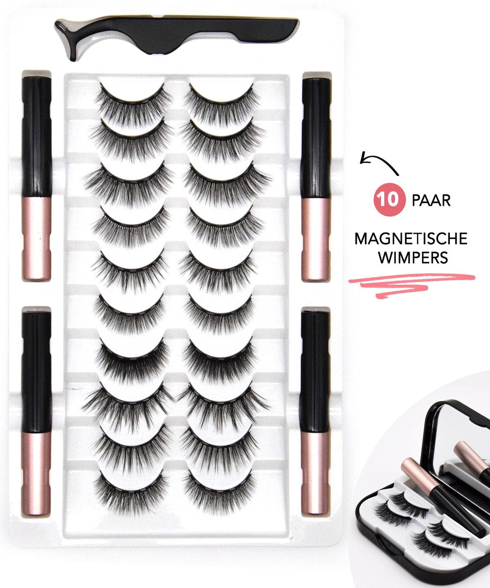 Qproducts Magnetische Wimpers - Nepwimpers - Wimperset Van 10 Wimpers 4 Eyeliners En Pincet - Inclusief wimper bewaardoos met ingebouwd spiegeltje - Magneet wimpers - Magnetic lashes
