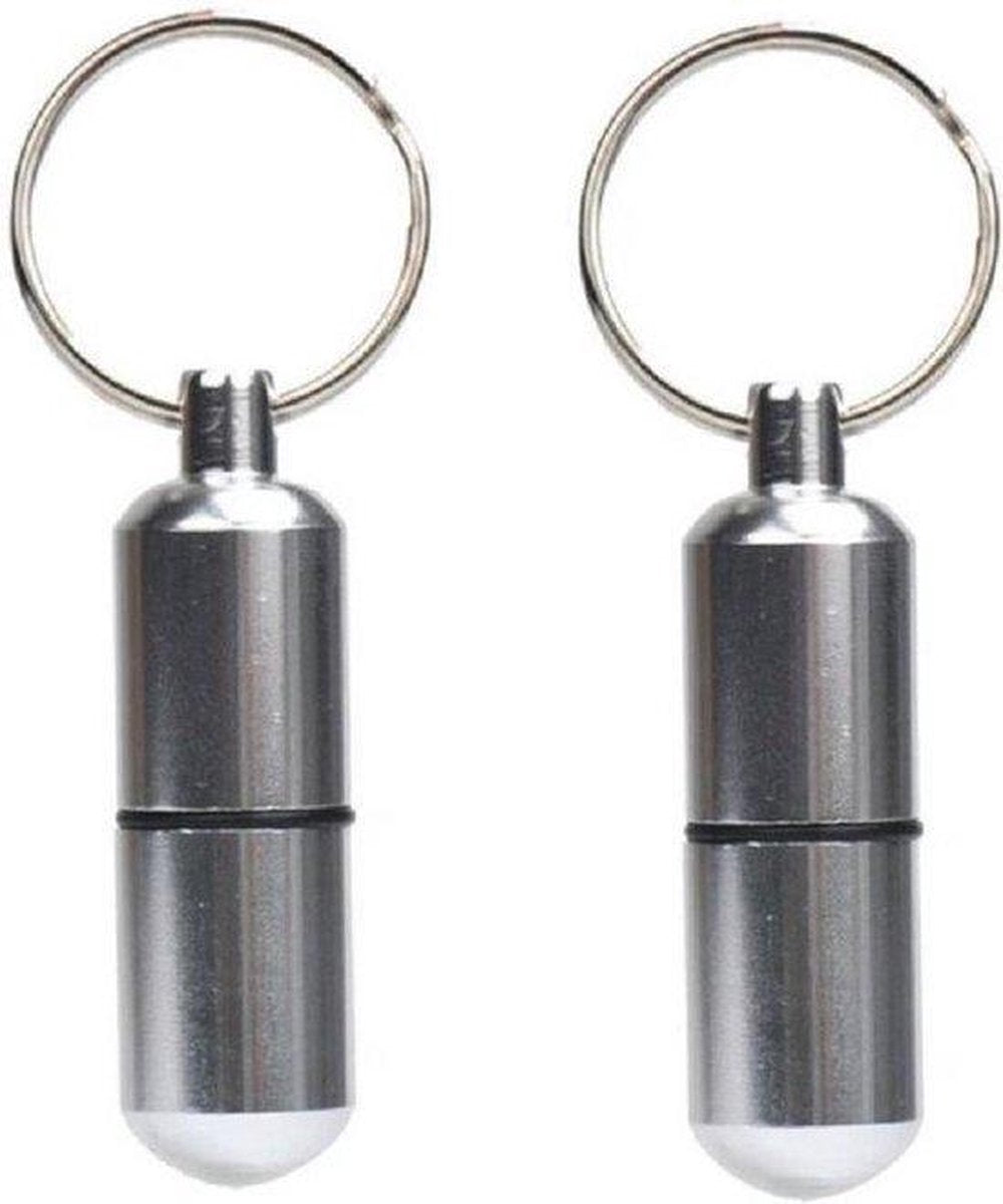 Narvie Pillendoos - Sleutelhanger -1+1 gratis- Reispillendoos - Waterbestendig  - 25x85mm - Zilver