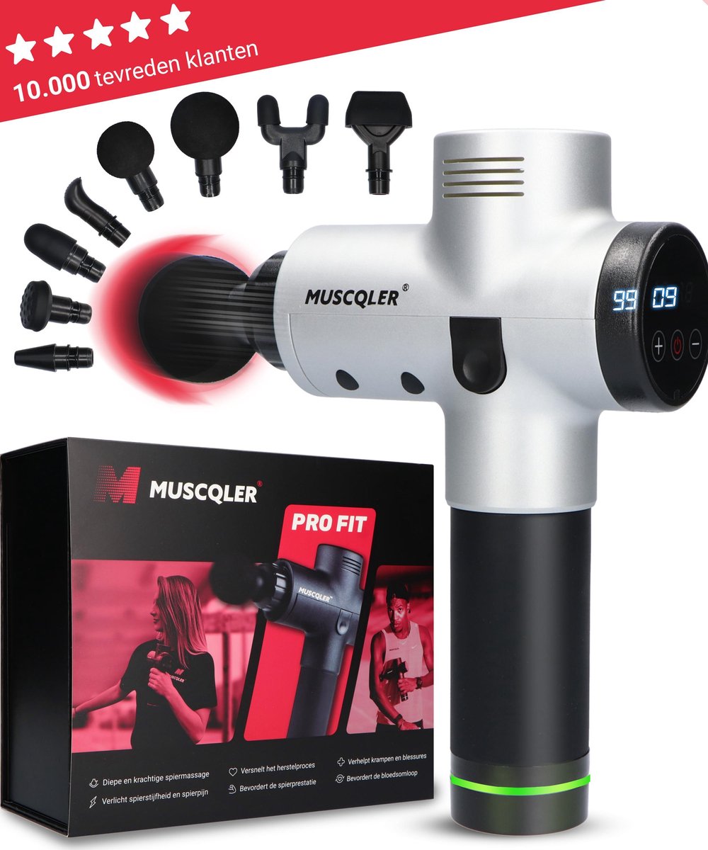 Massage Gun MUSCQLER Pro Fit - Massage Apparaat - Massage Gun Professioneel - Zeer Krachtig - Extreem Stil - 8 Opzetstukken - 30 Standen - Zilver