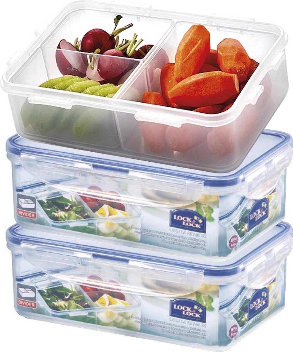 Lock&Lock Meal prep Bakjes | Bento lunchbox | Snackbox - Met 3 vakjes - Set van 3 Stuks - 1 liter