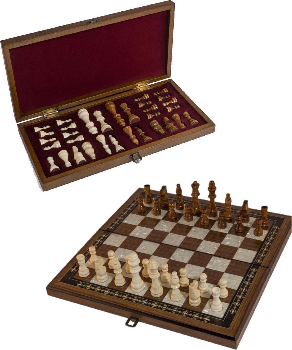 Handgemaakte opvouwbare schaakbord met houten schaakstukken – Luxe schaakset/schaakspel voor volwassenen – Opbergruimte – Hoge kwaliteit – Opvouwbaar – Opklapbaar – Inklapbaar – Schaken – Chess – 40 x 40 cm