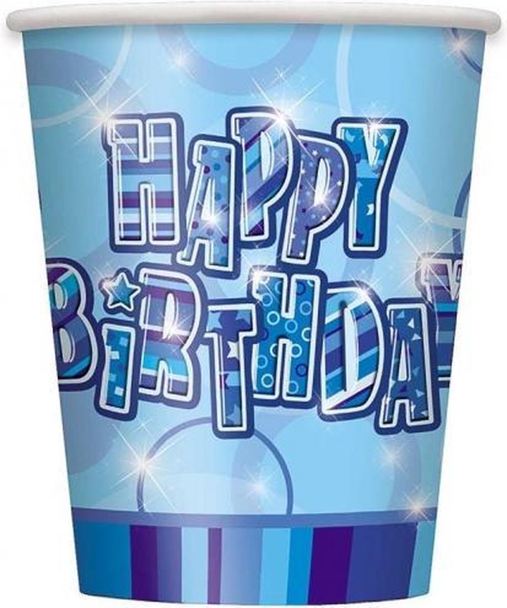 Blauwe Happy Birthday bekers - Feestdecoratievoorwerp