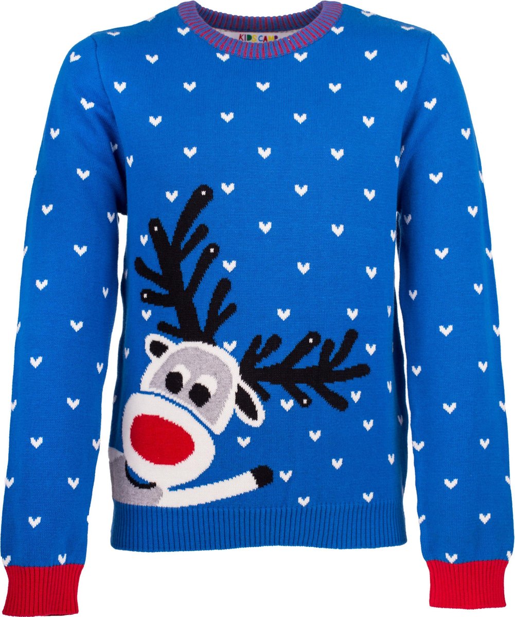 Foute kersttrui - Blauwe kerst trui met rendier – 104/110 - Incl. Giftbox