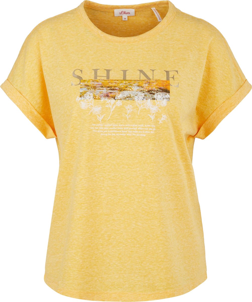 s.Oliver Dames Shirt Korte Mouw - Losse Pasvorm - Ronde Halslijn  - Geel - Maat S (36)