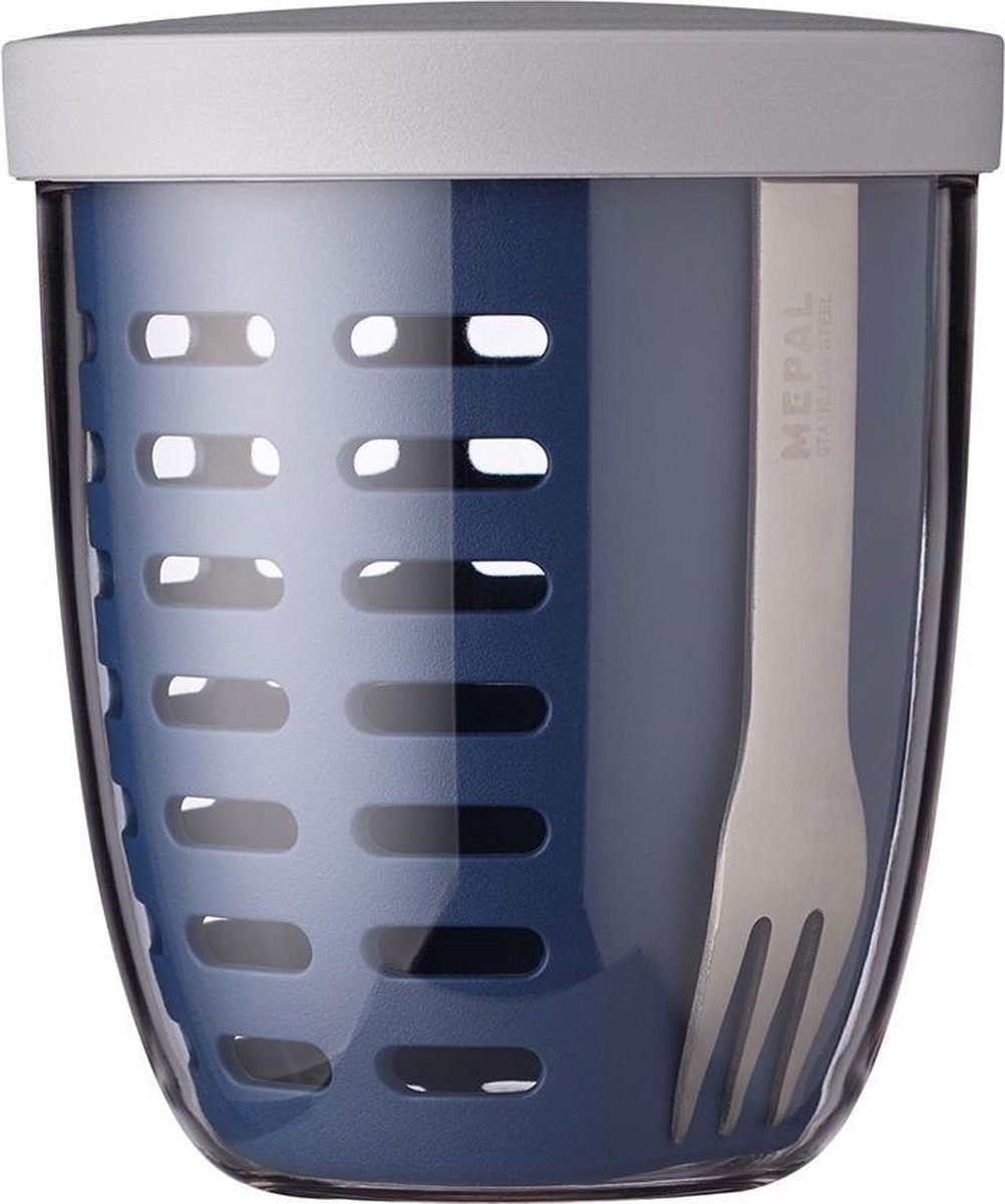 Mepal – Fruit-& Veggie pot Ellipse – Fruitbox voor onderweg - Nordic denim – voorzien van vergietje en RVS vorkje
