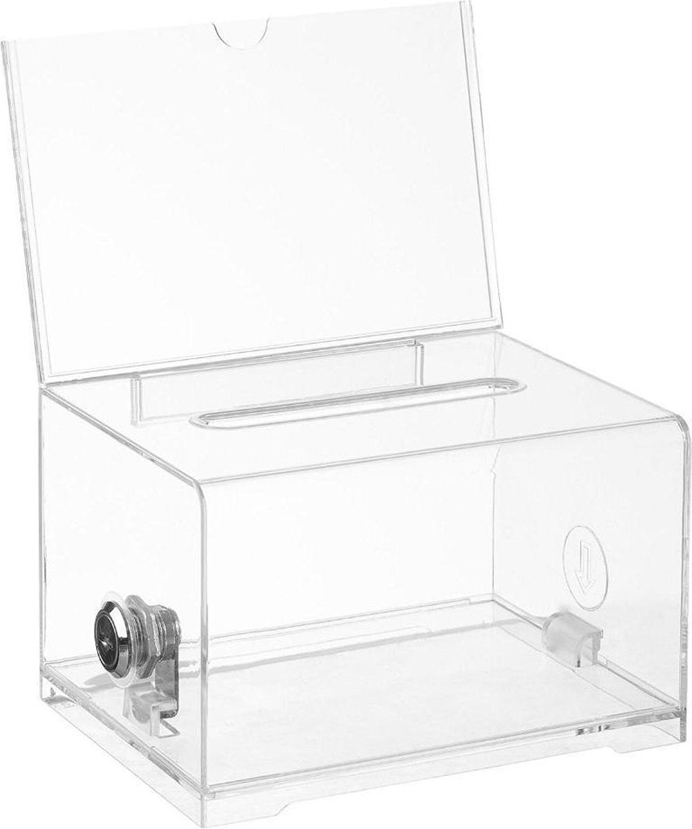 KEJEA K-509 - Inzamelbox met sleutelslot - Collectebus - Fooienpot - Ideeënbus - Spaarpot met slot - Stembus - Donatiebox - Geldkistje met gleuf - Loterijbox - Inzamelingsbus - Met folderhouder - Doorzichtig - Transparant - Volwassenen