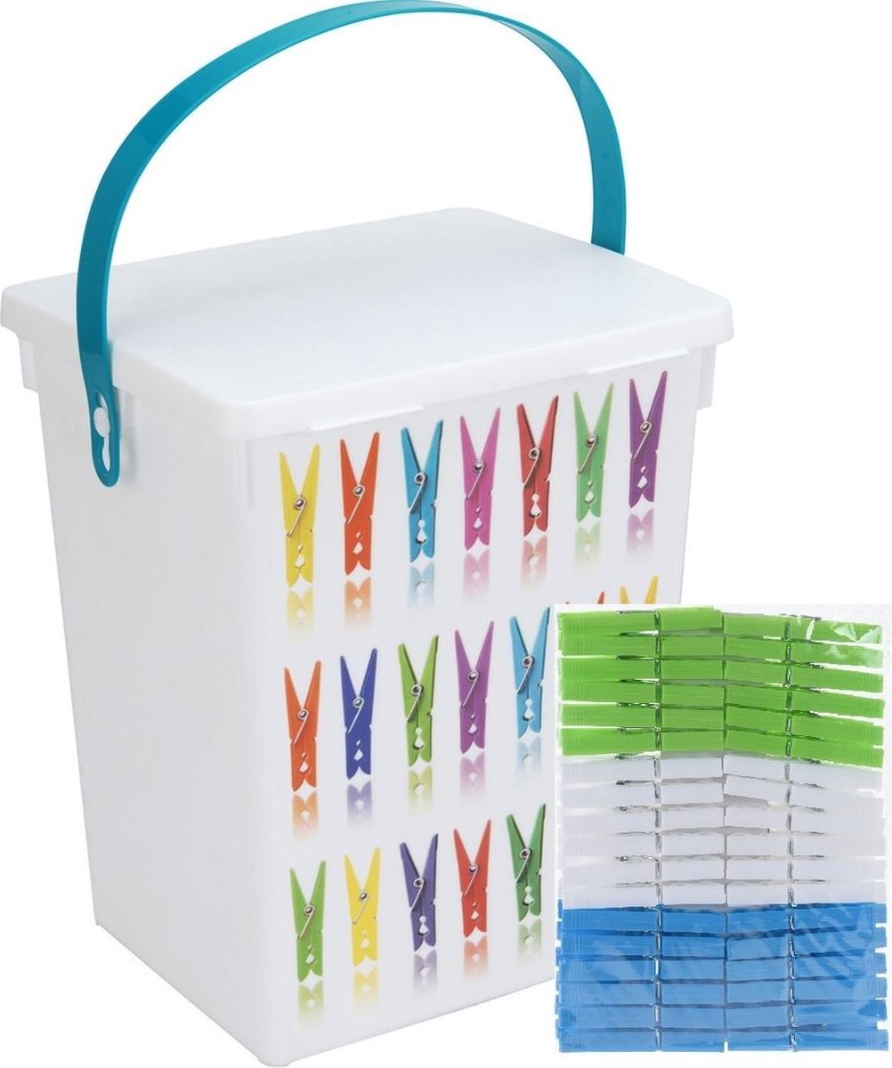 Wasknijper bewaarboxen turquoise hengsel 5 liter 23 x 18 cm incl. 36 knijpers - Huishoud producten - Huishouding - De was doen - Wasknijpers opbergen - Wasknijperboxen - Wasknijperdozen