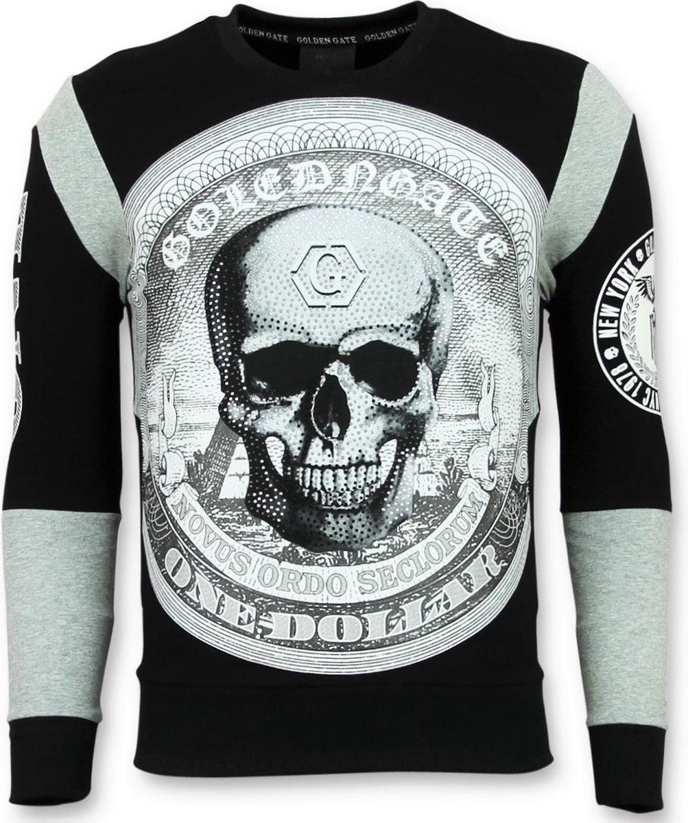 ENOS Rhinestone Trui Heren - Skull Dollar Sweater - Zwart - Maten: S