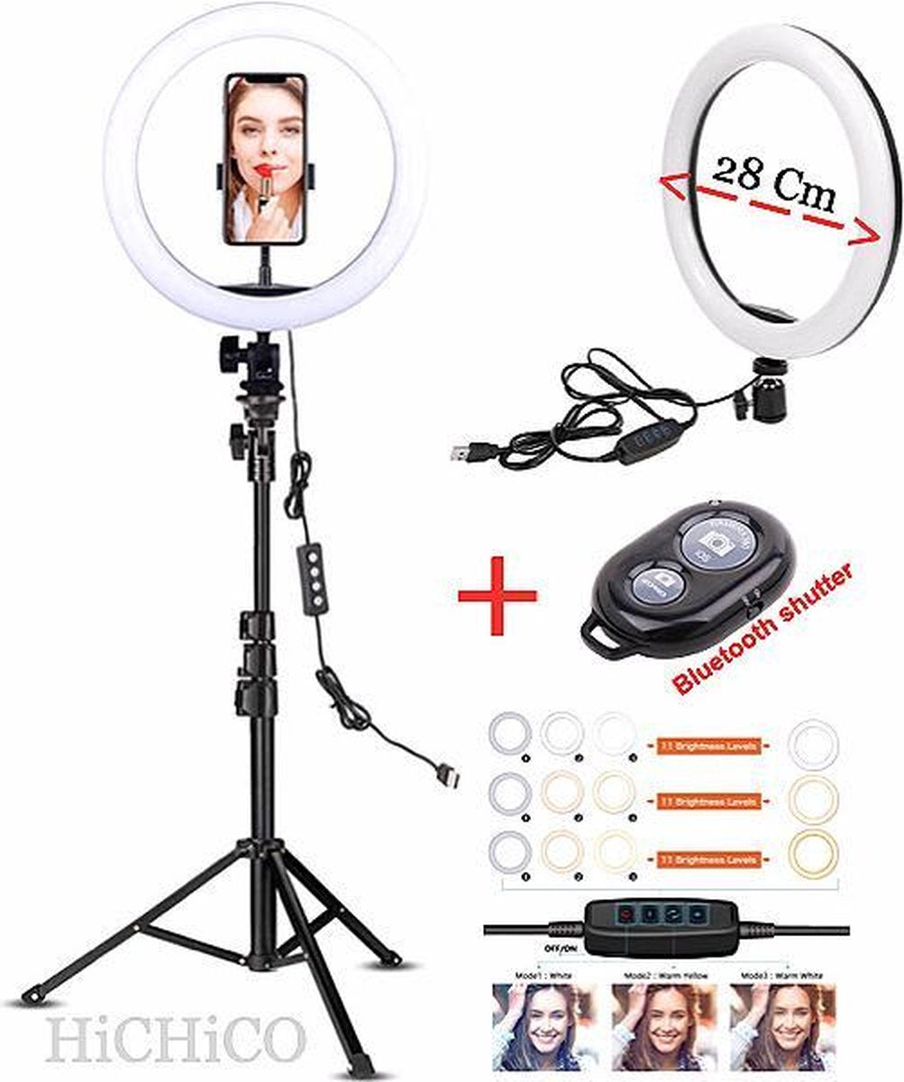Selfie LED Ring Lamp 26Cm Met Spiegel + Tripod - Statief Camera 210 CM hoog Inclusief Bluetooth afstandsbediening en Telefoonhouder Selfie - lamp -Ringlamp - Statief - Tik tok - flitser – Make up light – Studiolamp – Ring Light van HiCHiCO