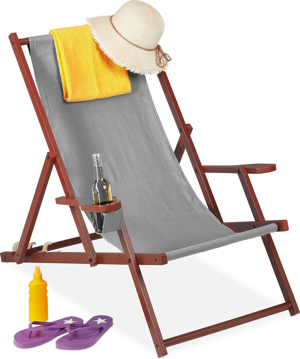 relaxdays strandstoel hout - ligstoel inklapbaar - campingstoel met bekerhouder - 120 kg grijs