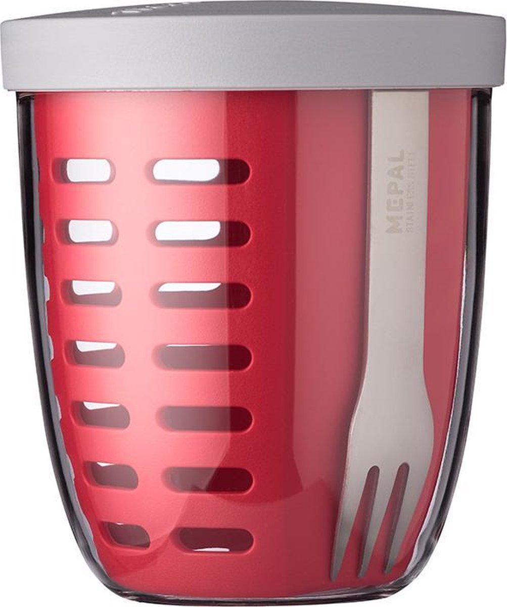 Mepal – Fruit-& Veggie pot Ellipse – Fruitbox voor onderweg - Nordic red – voorzien van vergietje en RVS vorkje