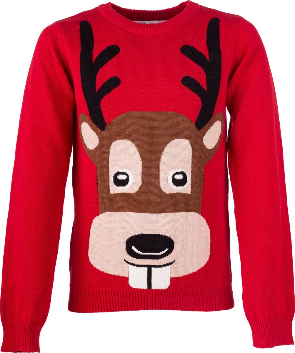 Foute kersttrui - Rode kersttrui met rendier – Unisex – 104/110 - Incl. Giftbox