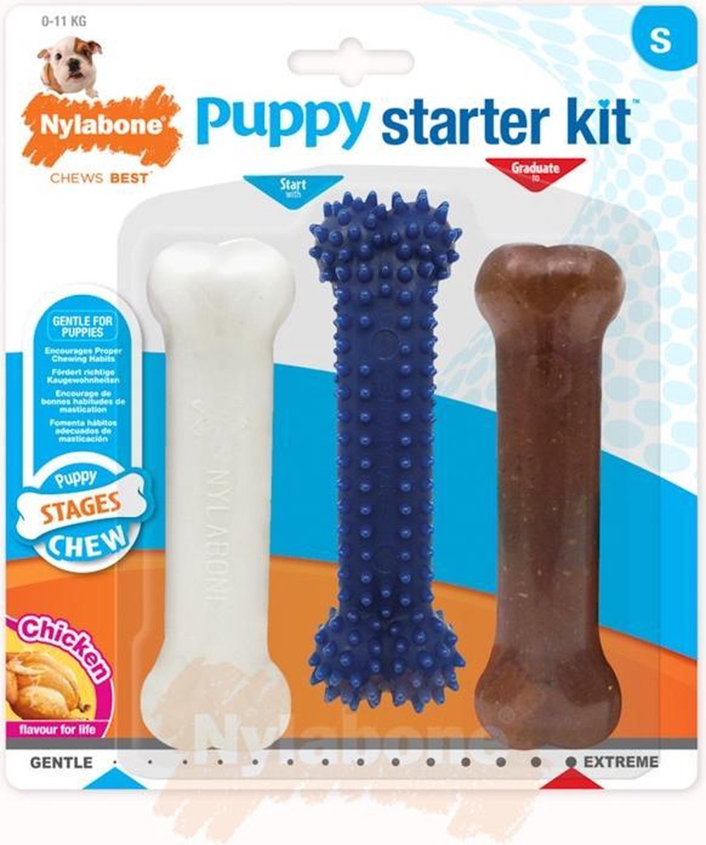 Puppy Starterkit Triopack kauwbotten met kipsmaak voor wisselgebit - Nylabone - Small