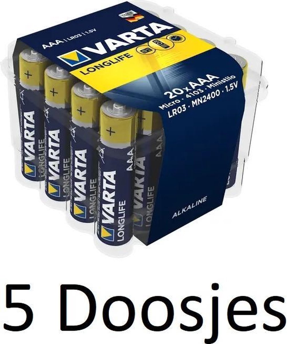 100 stuks (5 doosjes a 20 st) Varta Longlife AAA Alkeline Batterijen