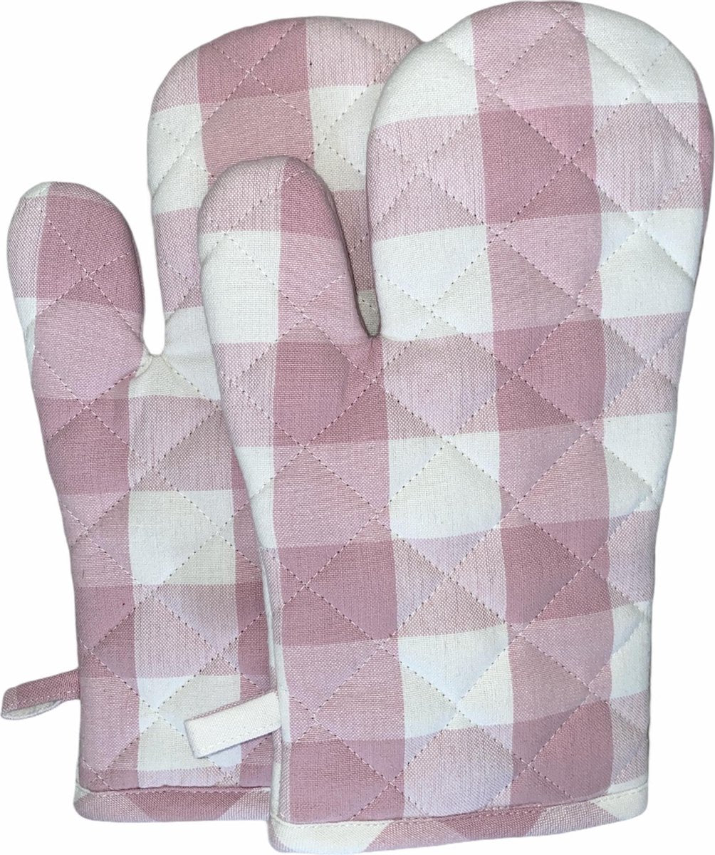 Ovenwanten 2 stuks | 100% Katoen | 30 x 15 CM | Ovenhandschoenen | Hittebestendig | Keuken | Koken | Grip | Roze | Wit | Geruit |