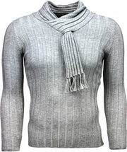 JUSTING Casual Trui - Sjaalkraag Design Strepen Motief - Lichtgrijs - Maten: M