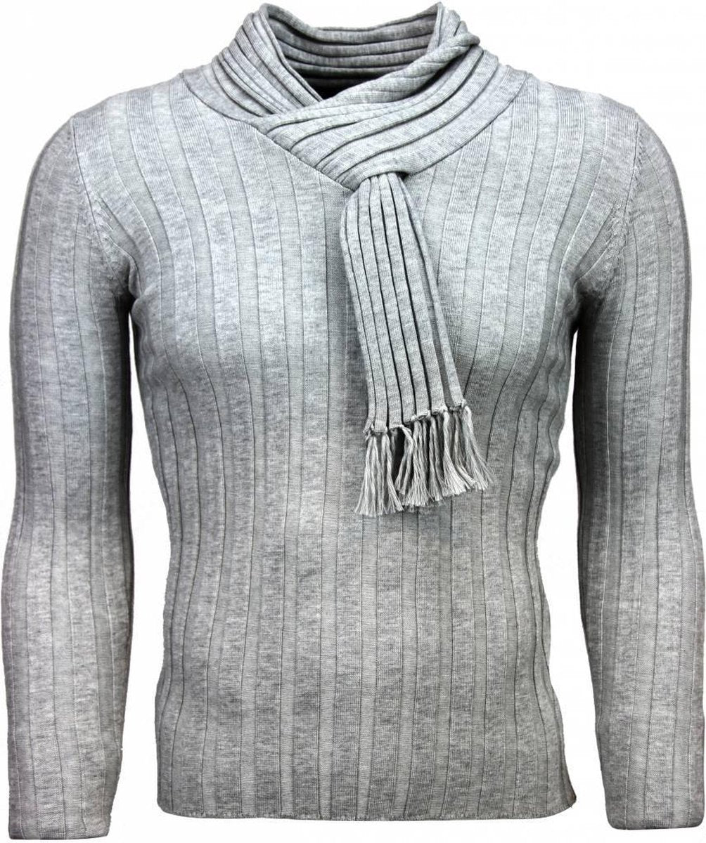 JUSTING Casual Trui - Sjaalkraag Design Strepen Motief - Lichtgrijs - Maten: M