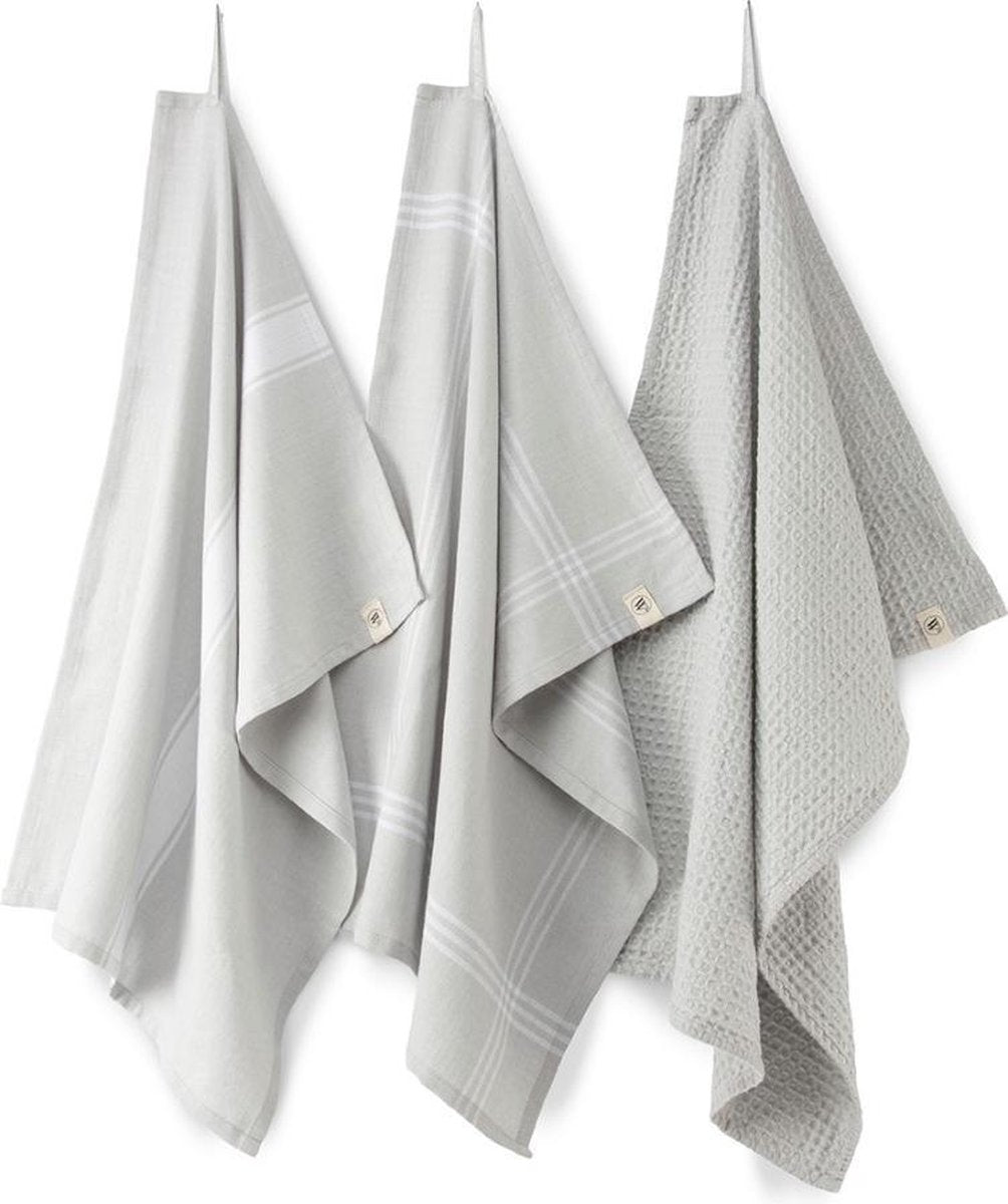 Walra Keuken- & Theedoekenset Blocks & Lines - 3x 50x70 - 100% Katoen - Licht Grijs