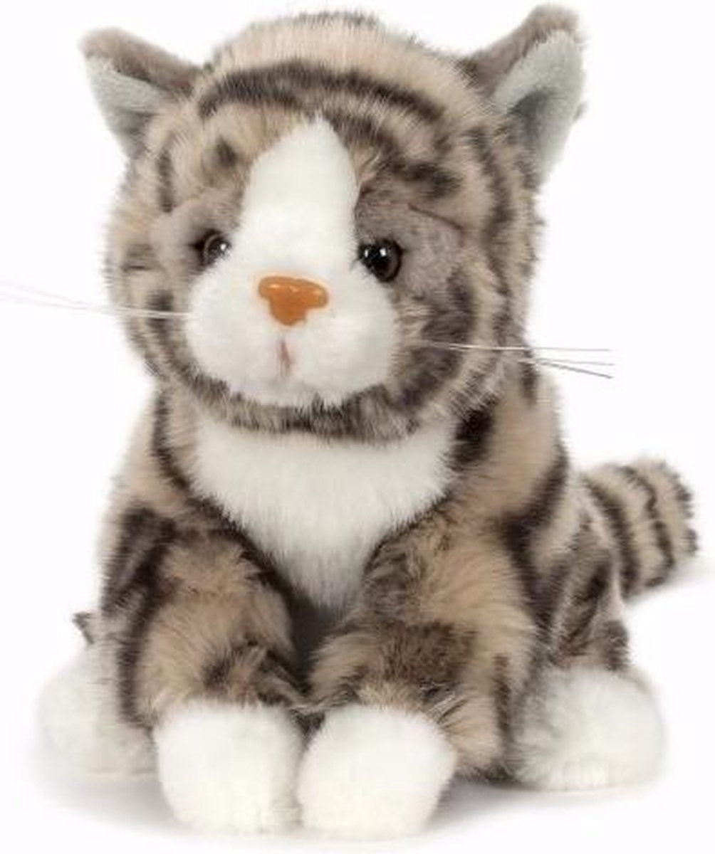Pluche knuffel grijze kat/poes met zwarte strepen 16 cm