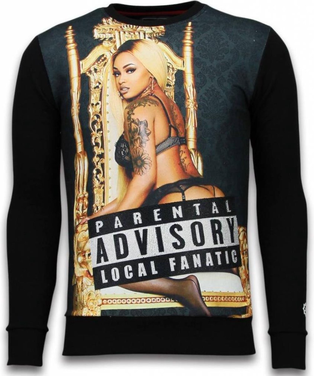 Local Fanatic Parental Advisory - Digital Rhinestone Sweater - Zwart - Maten: XL