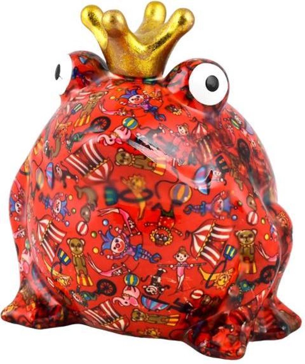 Pomme pidou spaarpot kikker "Big Fredd" L rood met een opdruk van circusfiguren