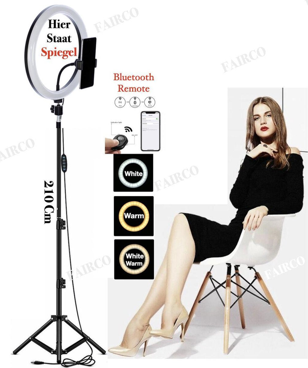 LED Ring Light 26Cm met Spiegel en Statief 210 CM hoog Inclusief Bluetooth afstandsbediening en Telefoonhouder - Smartphone Tripod - LED Ringlamp - Ring Light - flitser - Make-up light - Studiolamp – Fairco