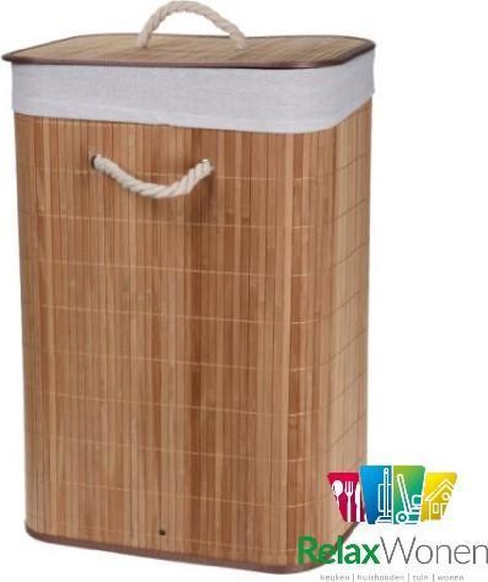 Relaxwonen - Wasmand - Mand - Bamboe - Opvouwbaar - Inclusief Deksel - Uitneembare binnenhoes - 60x40x30 cm