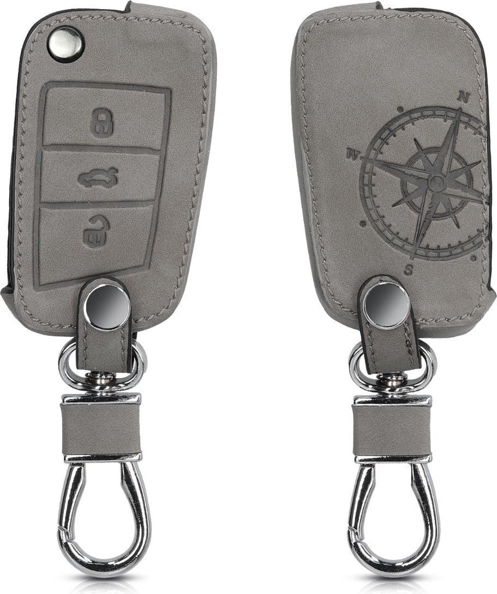 kwmobile autosleutelhoes voor VW Golf 7 MK7 3-knops autosleutel - beschermhoes van imitatieleer - Vintage Kompas design - grijs