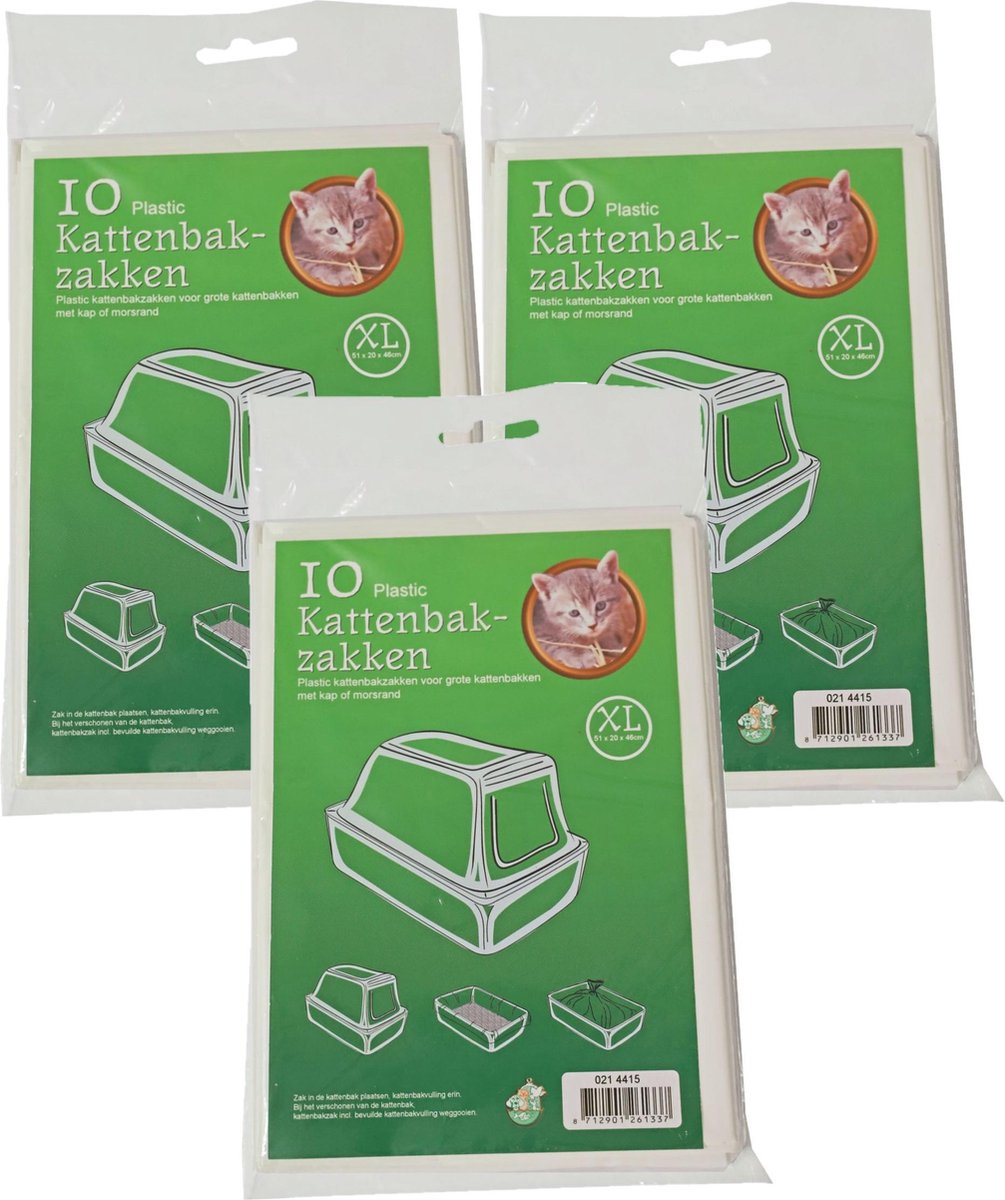 30x stuks plastic kattenbak afvalzakken wit 51 x 20 x 46 cm - Kattenbakzakken