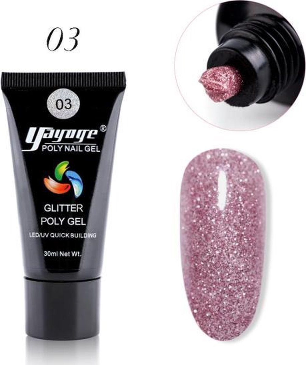 Yayoge - Polygel kleur roze met zilver glitter - gelnagels kleur - polygel starterpakket - gelnagels starterspakket - gel nagellak - kunstnagels - nail art