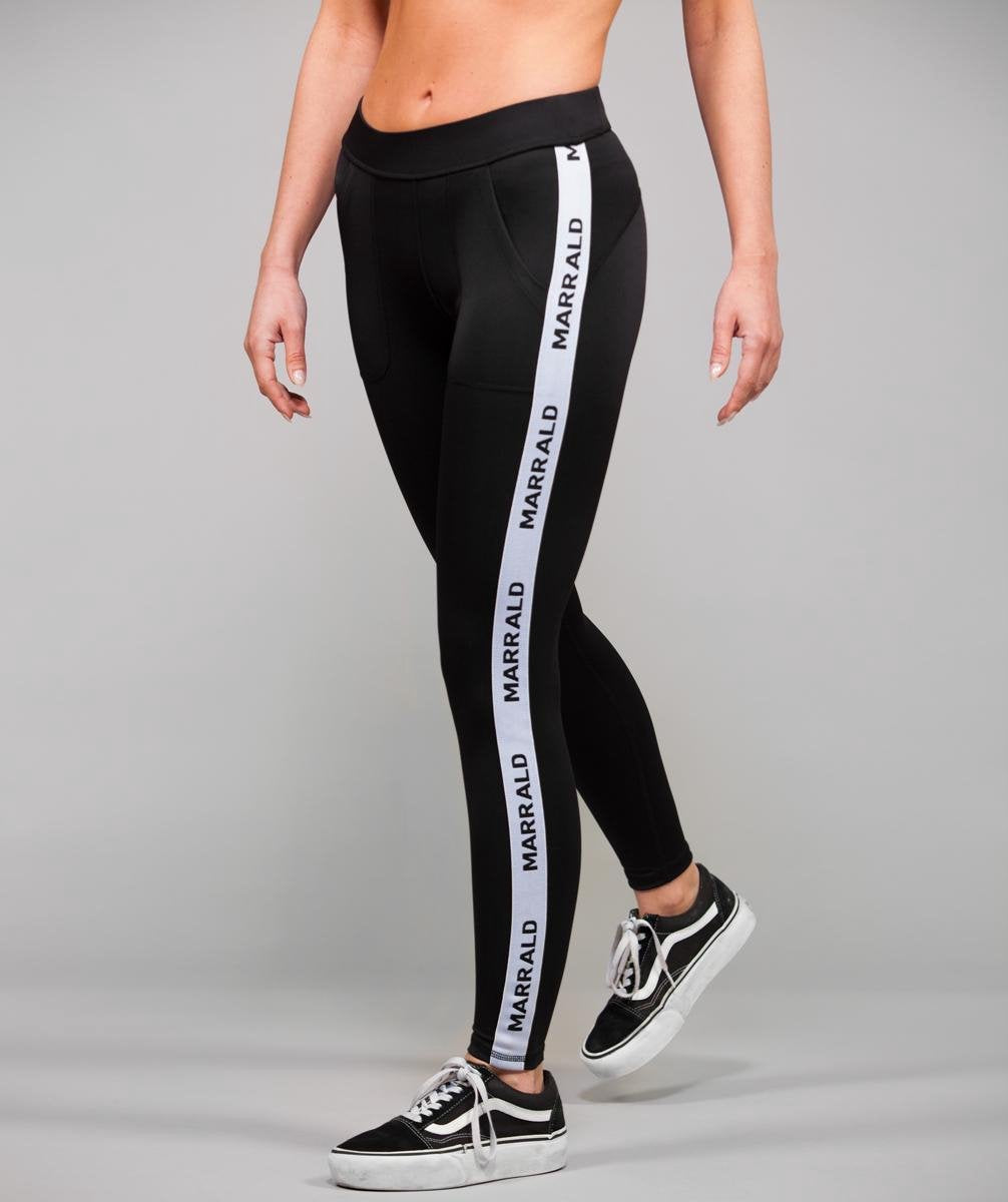 Marrald Mid Waist White Tape Pocket Sportlegging - Zwart XL