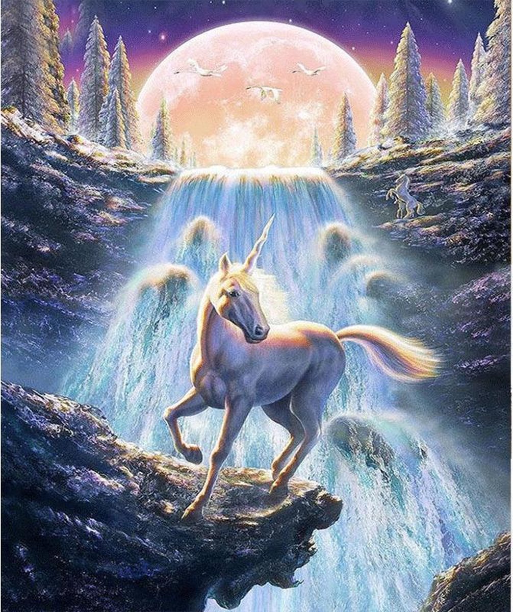 Diamond Painting Volwassenen- Eenhoorn op rots met waterval en maan - 40x50 cm (Volledige Bedekking) - Inclusief Premium Tools