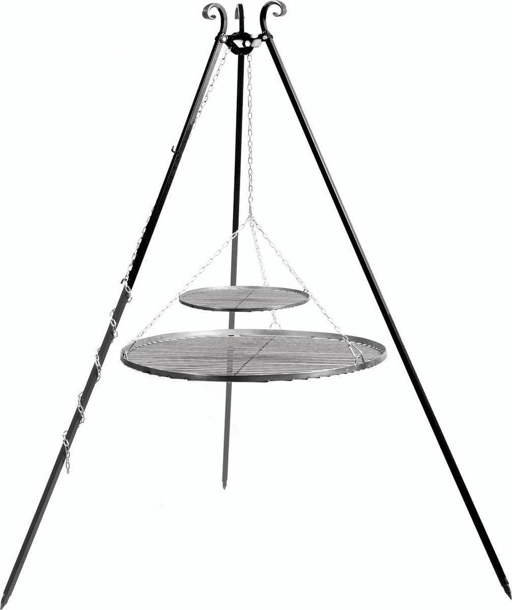Driepoot 180 cm met dubbel stalen grillrooster 70+40 cm