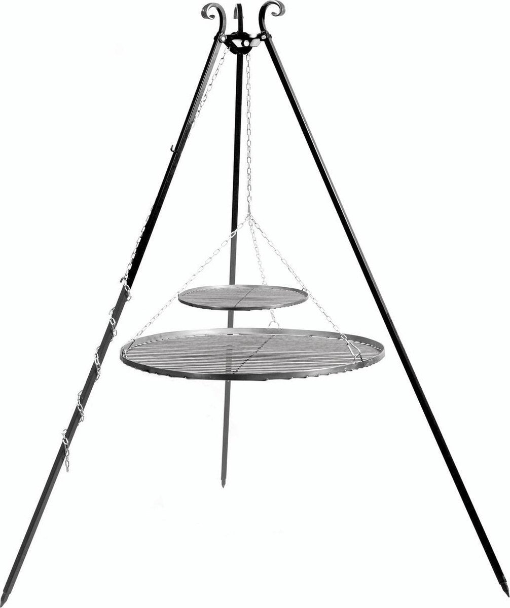 CookKing Grill Tripod Zwart 180 cm met Dubbele Zwart Stalen Rooster 40cm + 80 cm