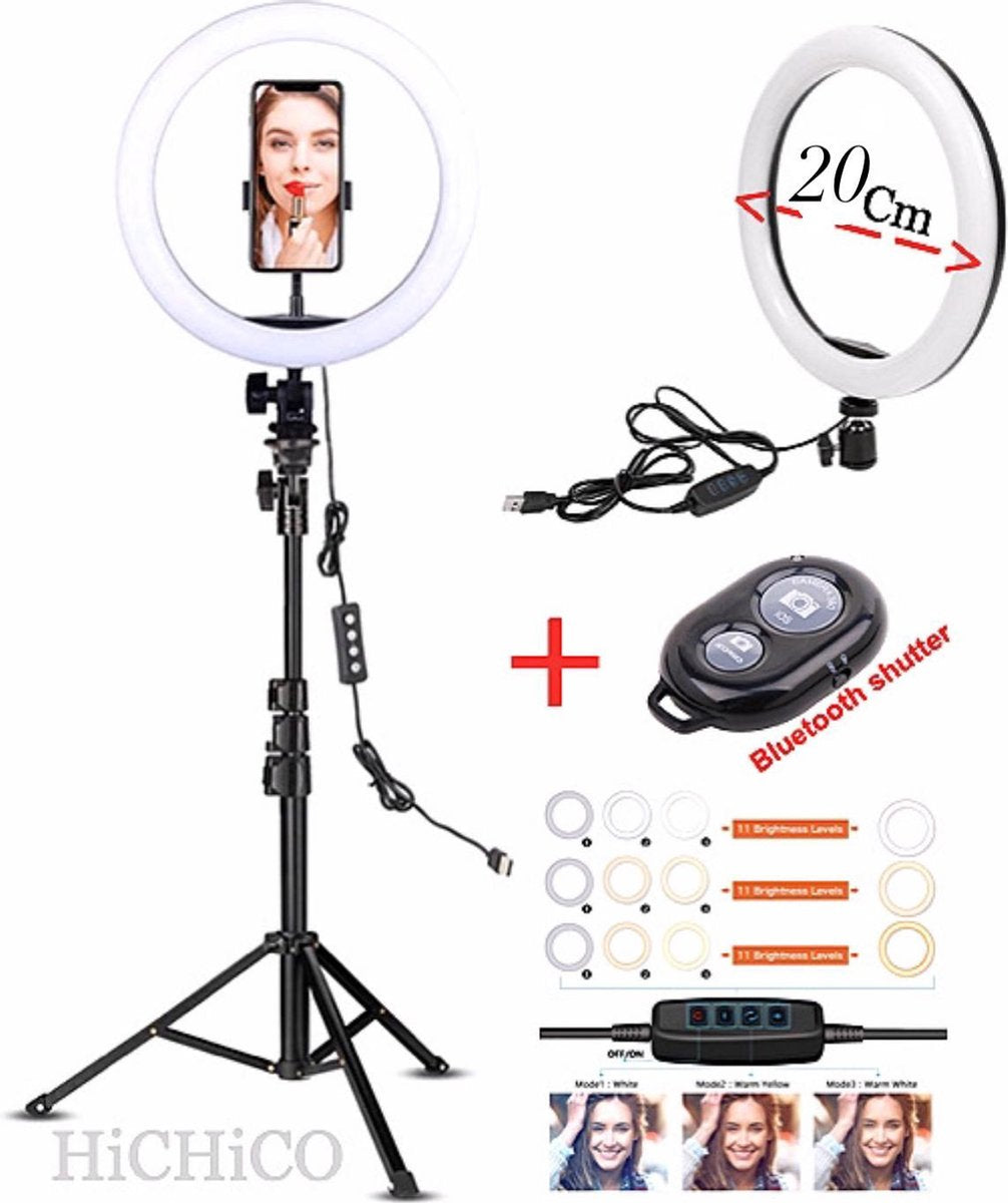 Selfie LED Ring Lamp 20Cm met Statief 210 CM hoog Inclusief Bluetooth afstandsbediening en Telefoonhouder Smartphone