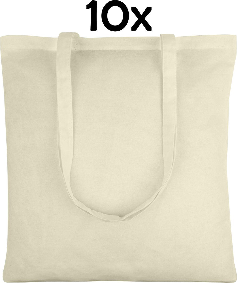 PrimeAmbition Katoenen Tas - Naturel – 42x38cm - 10 Stuks – Tote Bag – Canvas Tas – Shopper – Boodschappentas - Draagtas – Schoudertas