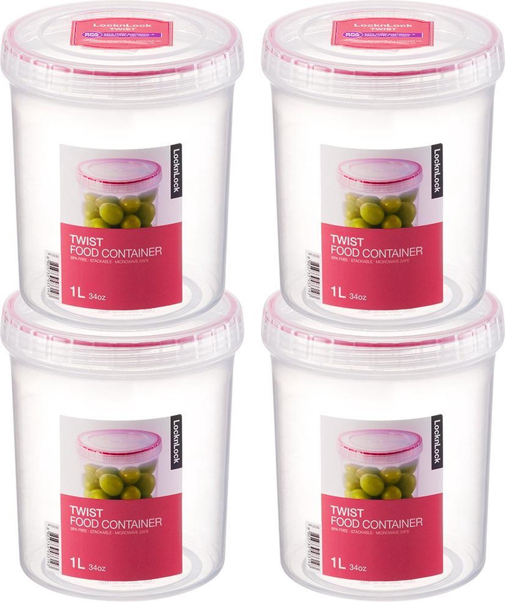 Lock&Lock - Twist Vershoudbakjes | Voorraadbussen | Bewaardozen voedsel - 1 liter - Rond - Set van 4 stuks