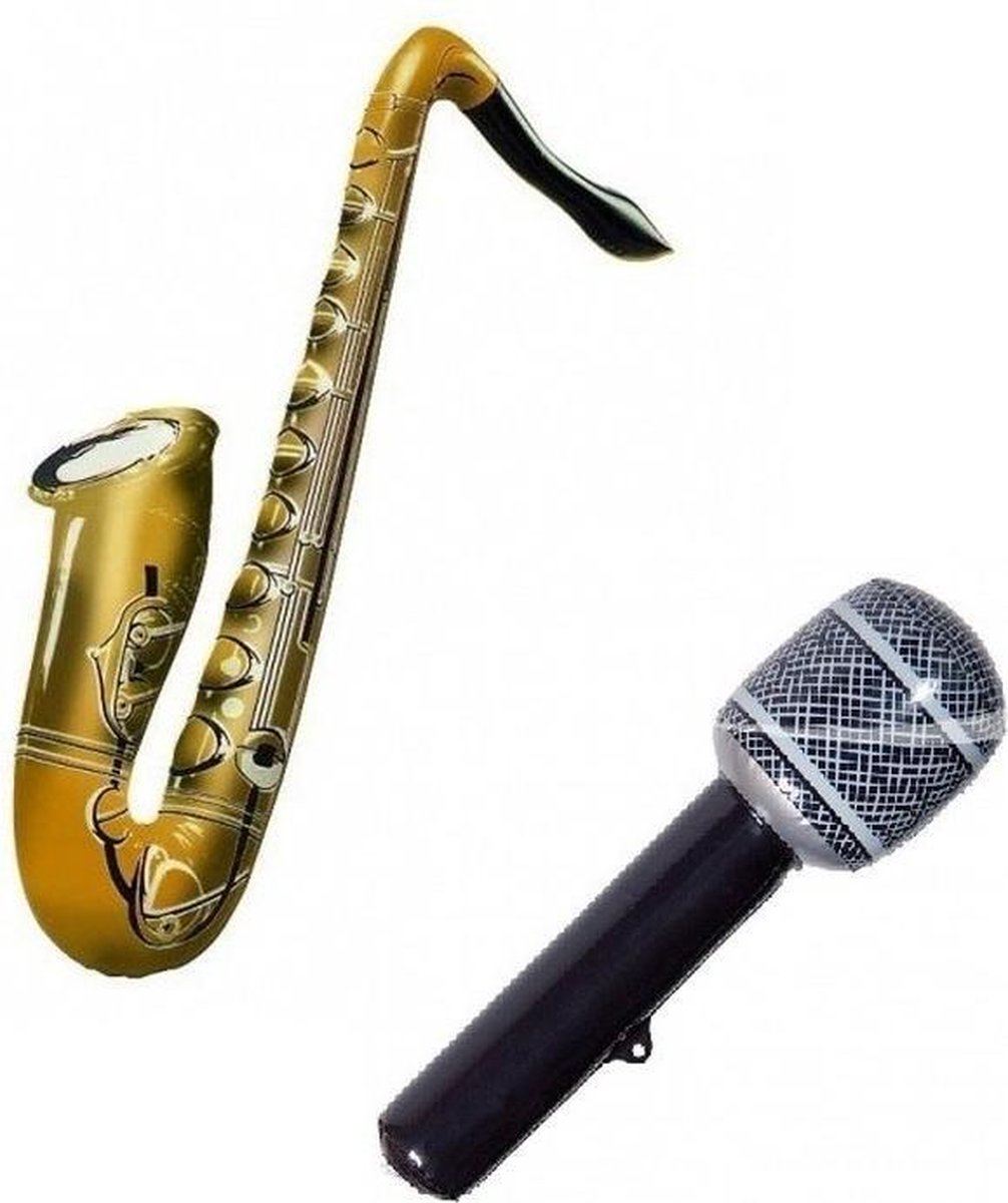 Set 2x opblaasbare muziek instrumenten saxofoon en microfoon