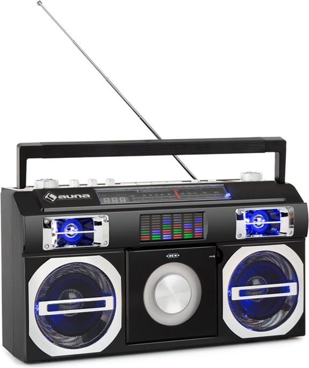 Oldschool 80's retro-player CD BT USB MP3 FM telescoopantenne accu zwart