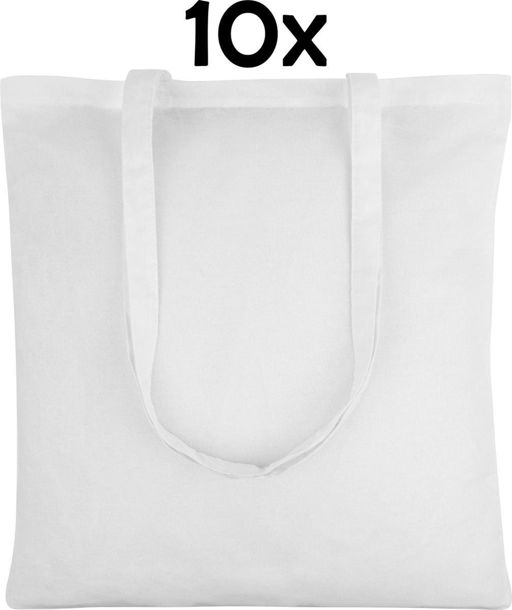 PrimeAmbition Katoenen Tas - Wit – 42x38cm - 10 Stuks – Tote Bag – Canvas Tas –Shopper – Boodschappentas - Draagtas – Schoudertas