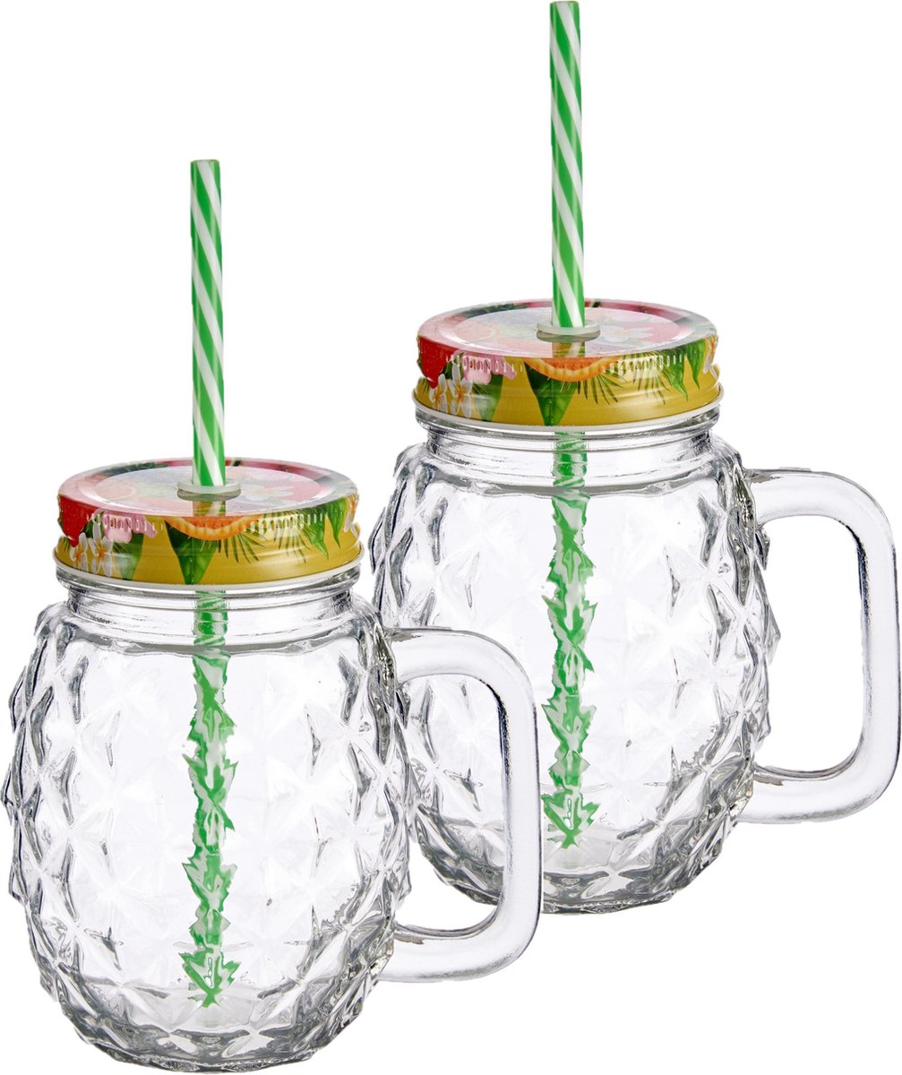 Set van 12x stuks glazen Mason Jar drinkbekers/drinkpotjes tropical met dop en rietje 480 ml - anti-lek drinkglazen