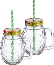 Set van 12x stuks glazen Mason Jar drinkbekers/drinkpotjes tropical met dop en rietje 480 ml - anti-lek drinkglazen