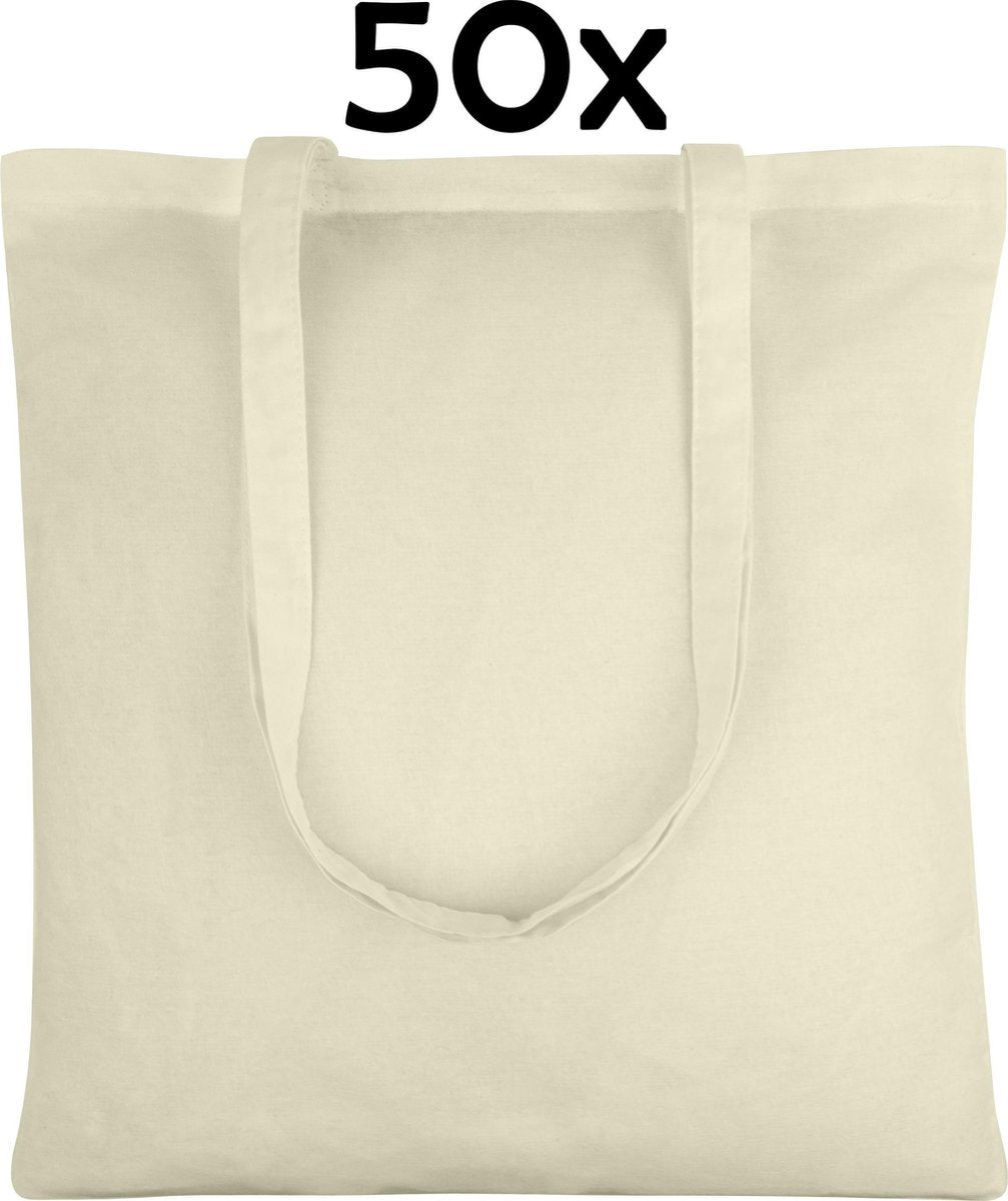 PrimeAmbition Katoenen Tas - Naturel – 42x38cm - 50 Stuks – Tote Bag – Canvas Tas –Shopper – Boodschappentas - Draagtas – Schoudertas
