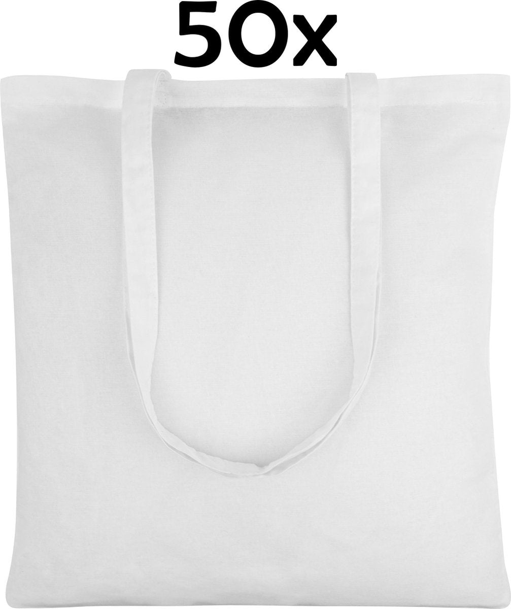 PrimeAmbition Katoenen Tas - Wit – 42x38cm - 50 Stuks – Tote Bag – Canvas Tas –Shopper – Boodschappentas - Draagtas – Schoudertas