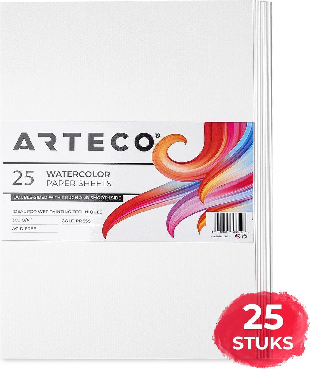 ARTECO® 25 vellen Aquarelpapier – Aquarelblok – Tekenblok – 300 gr/m2 – A4 Formaat