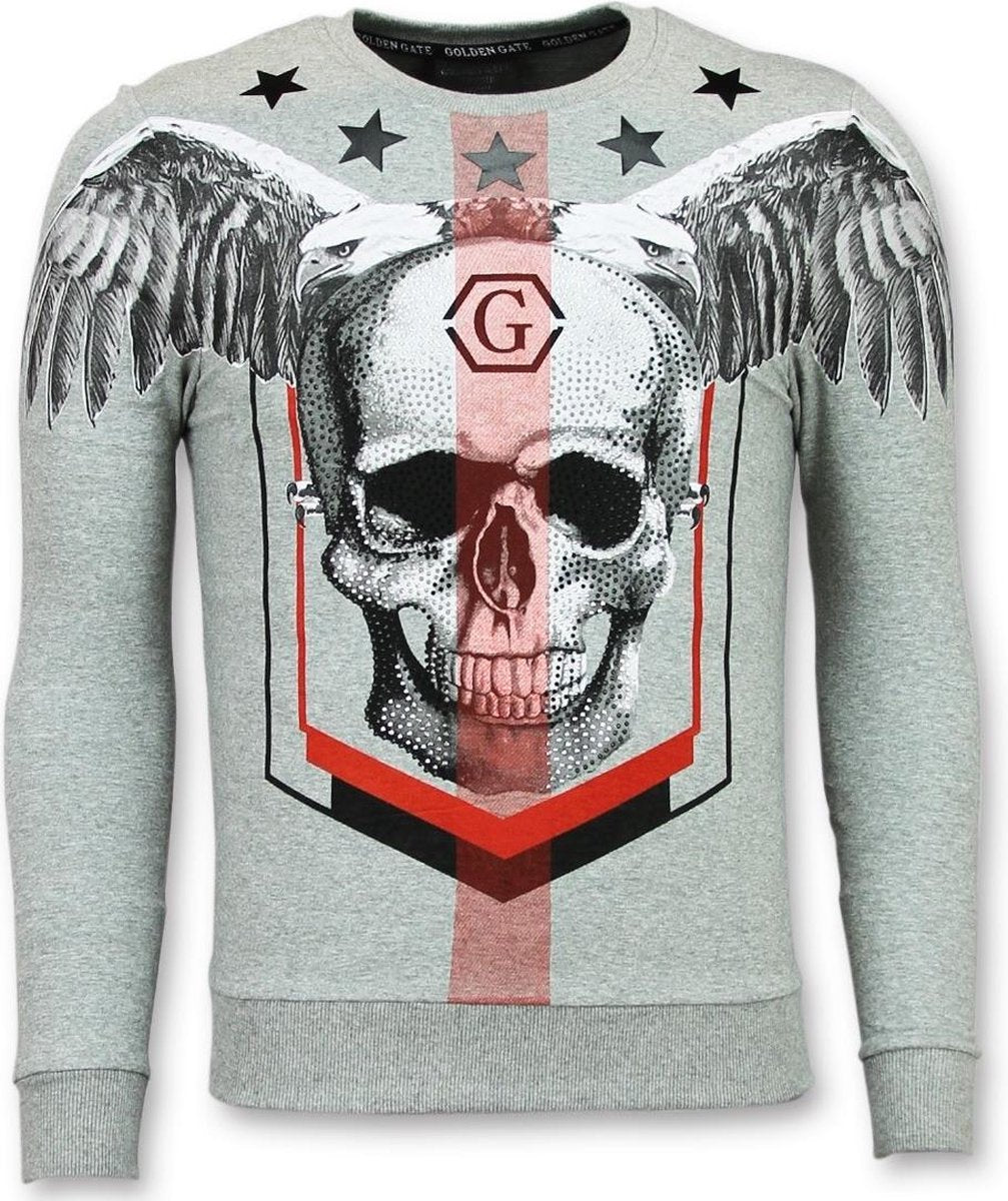ENOS Rhinestone Mannen Trui - Doodskop Crewneck- Ster Skull Sweater - Grijs - Maten: M