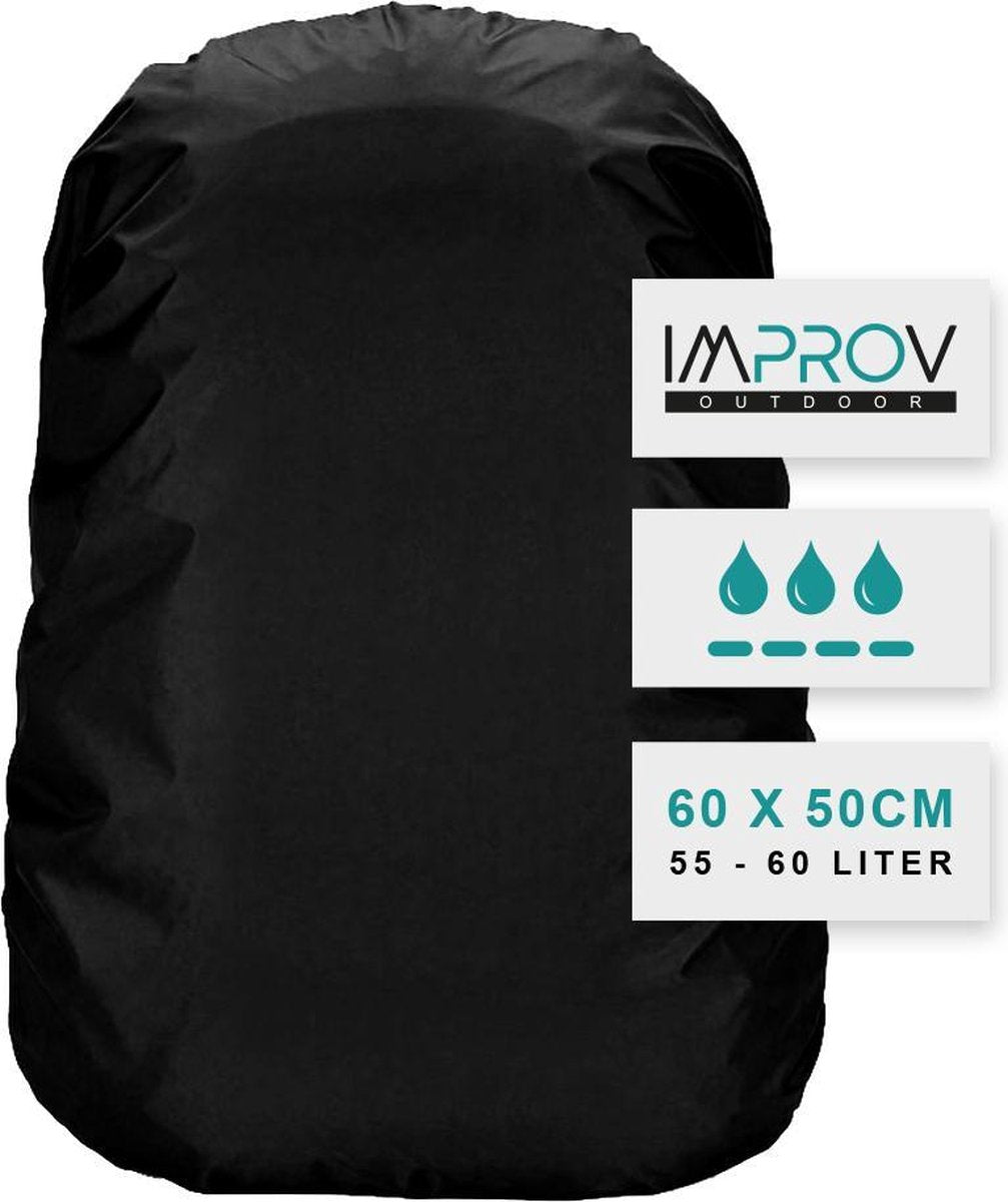 Zwarte Improv Regenhoes Rugtas 55-60 Liter - Backpack Rain Cover - Flightbag voor rugzak - Schoolrugzak