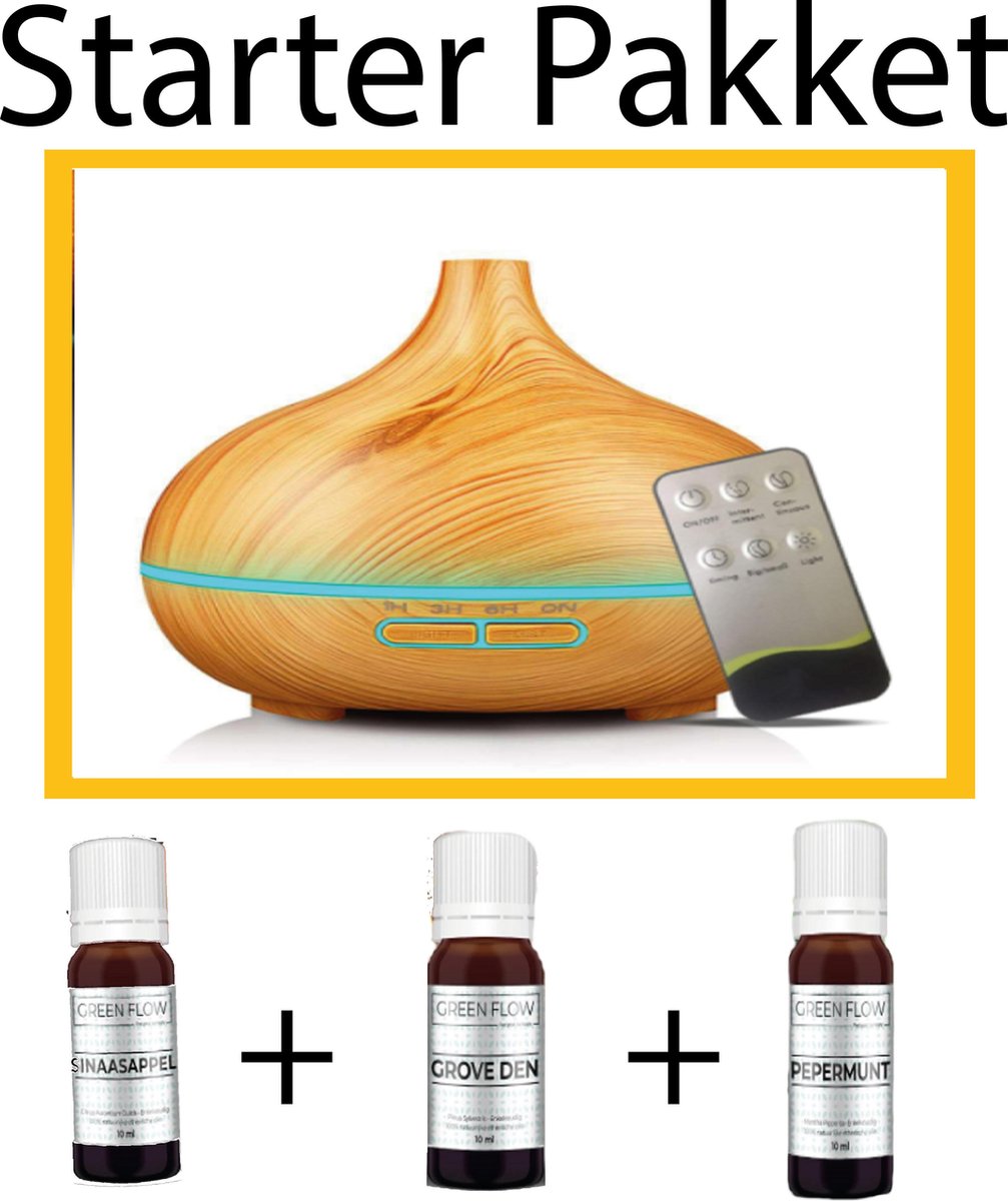 Aroma Diffuser Strater pakket- 3 Geur oliën  - Essential Pro - 550ml  - Light Wood - Afstandsbediening - RGB verlichting - LED verlichting - Grove Den 