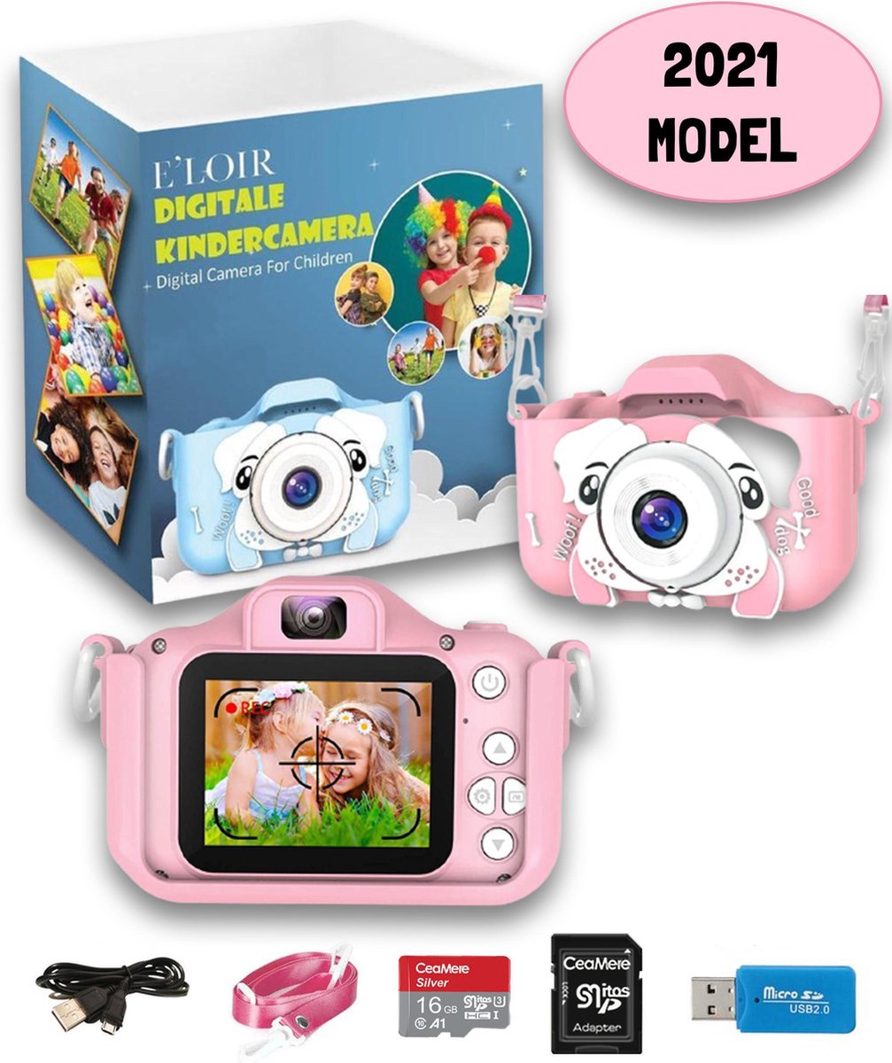 E'loir Digitale Kindercamera inclusief Micro SD Kaart 16GB en Adapter - Compact Fototoestel voor Kinderen - 1080p HD - Vlog Camera - Roze