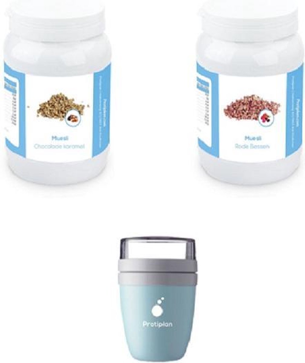 Protiplan |  Mix Muesli + Lunchbeker | Voordeelpakket | 2 x Voordeelpot Muesli 1 x Protiplan Lunchbeker | Perfect voor een koolhydraatarm ontbijt of lunch